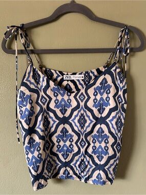Zara Navy & Cream Ikat Tie-Shoulder Cami
